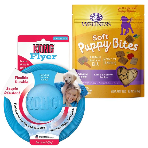 KONG||Wellness KONG Puppy Flyer Dog Toy, Color Varies + Wellness Soft Puppy Bites Lamb & Salmon Recipe Grain-Free Dog Treats, 3-oz pouch 3 KONG||Wellness KONG Puppy Flyer Dog Toy, Color Varies + Wellness Soft Puppy Bites Lamb & Salmon Recipe Grain-Free Dog Treats, 3-oz pouch