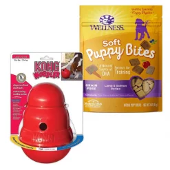 KONG||Wellness KONG Wobbler Dog Toy, Small + Wellness Soft Puppy Bites Lamb & Salmon Recipe Grain-Free Dog Treats, 3-oz pouch